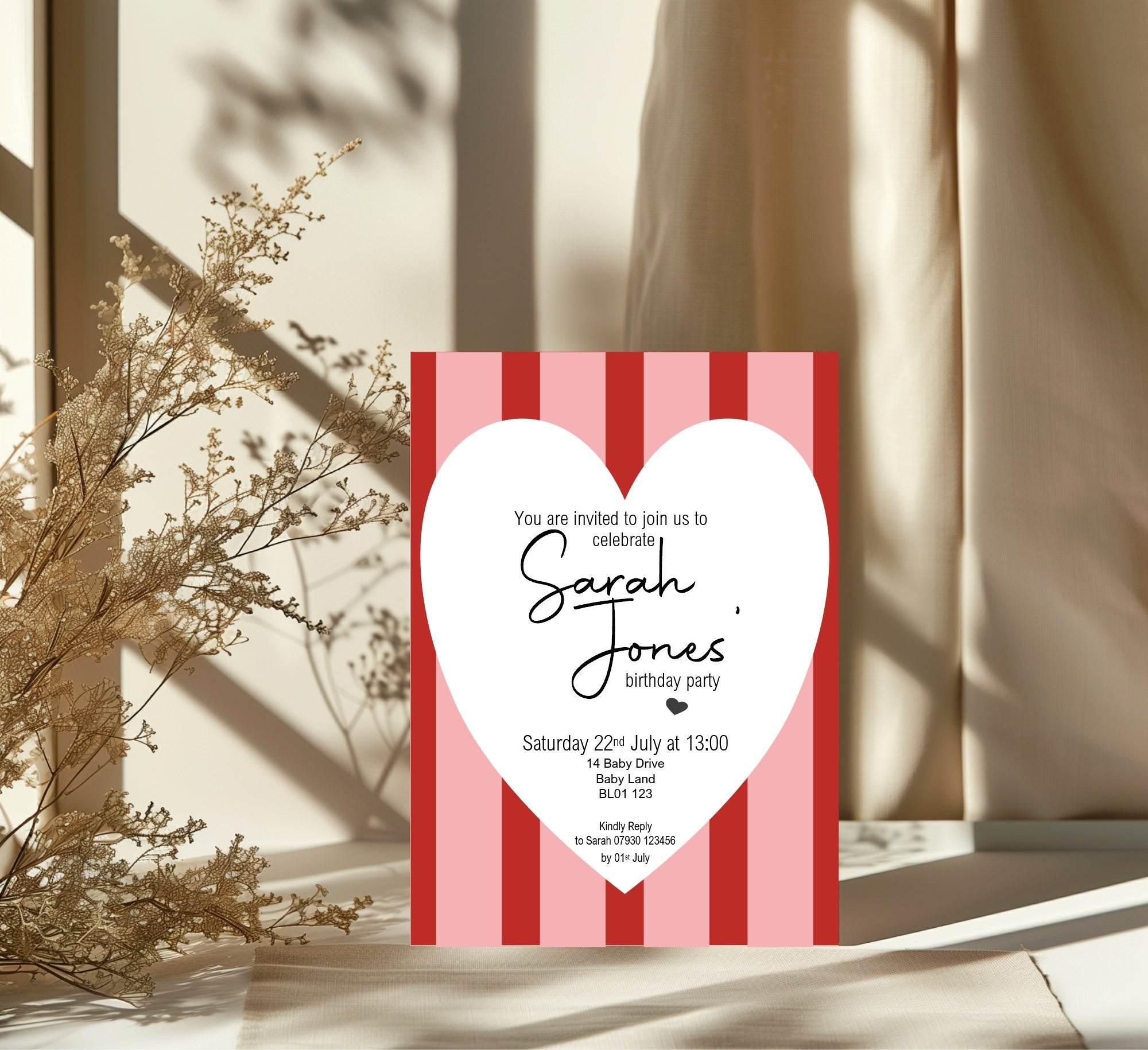 Red & Pink Birthday Party Invitations & Envelopes | Pack of 10 - Larosier Prints