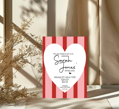 Red & Pink Birthday Party Invitations & Envelopes | Pack of 10