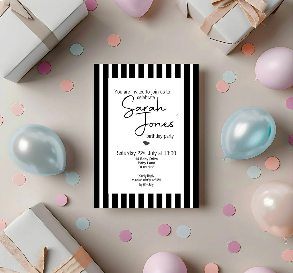 Black & White Stripe Birthday Party Invitations & Envelopes | Pack of 10 - Larosier Prints