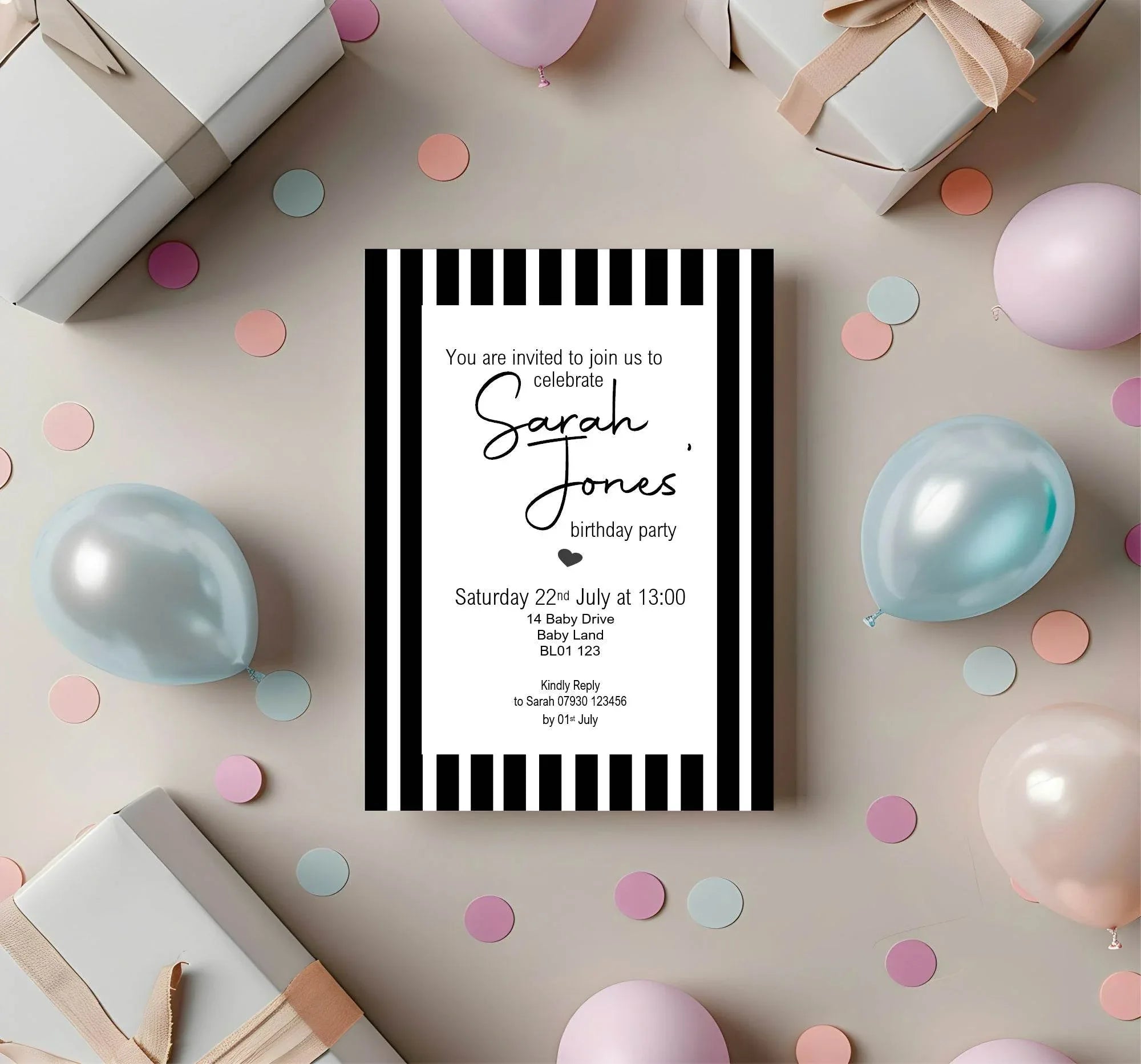 Black & White Stripe Birthday Party Invitations & Envelopes | Pack of 10 - Larosier Prints