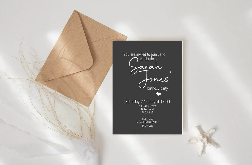 Minimalist Noir Birthday Party Invitations & Envelopes | Pack of 10 - Larosier Prints