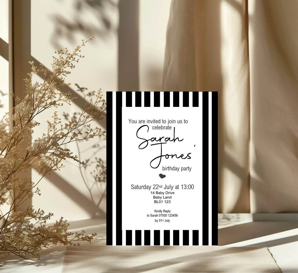 Black & White Stripe Birthday Party Invitations & Envelopes | Pack of 10 - Larosier Prints