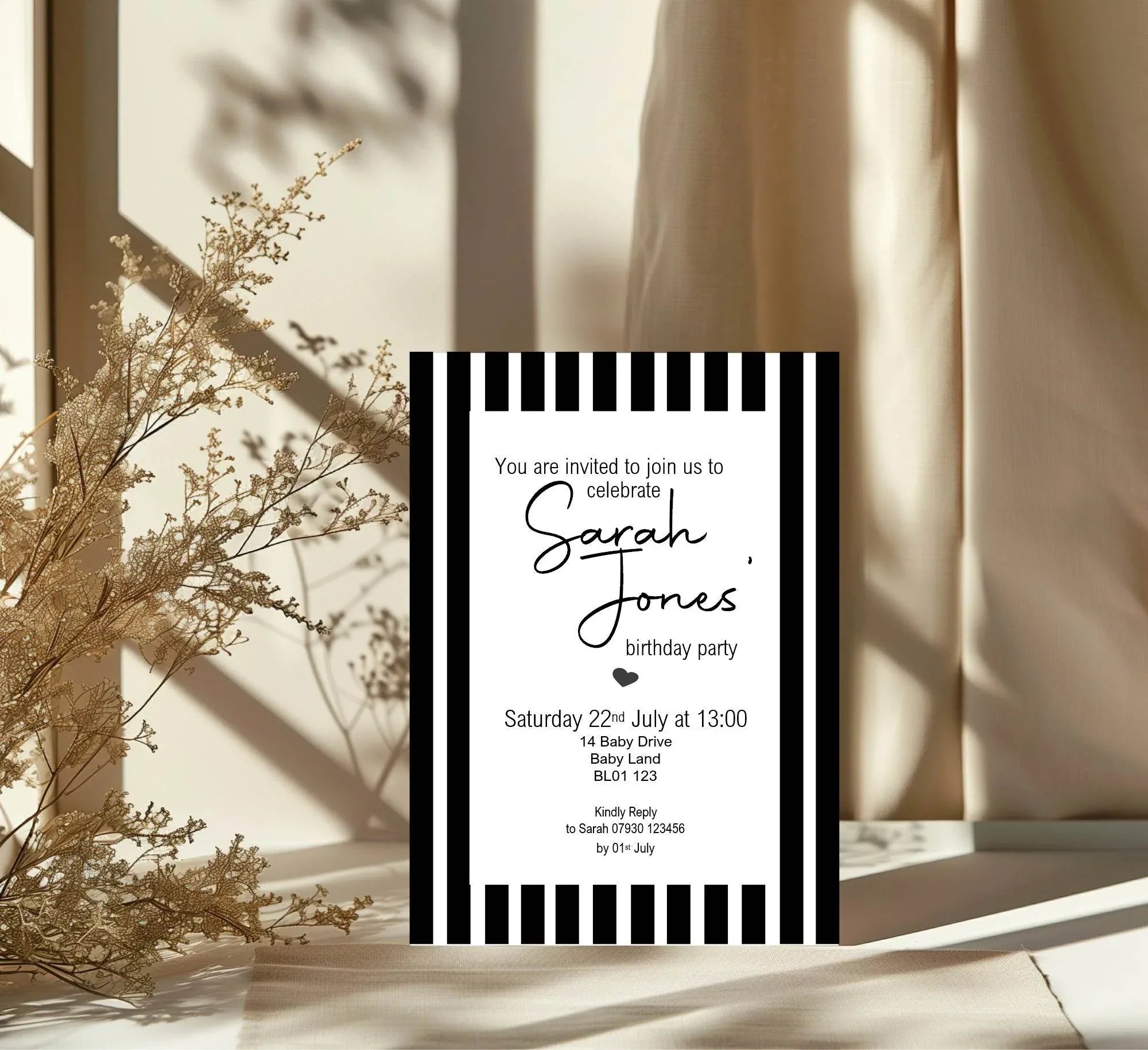 Black & White Stripe Birthday Party Invitations & Envelopes | Pack of 10 - Larosier Prints