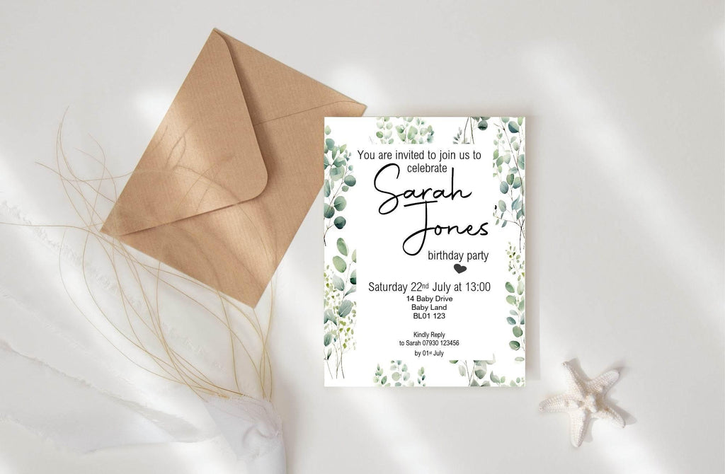 Eucalyptus Birthday Party Invitations & Envelopes | Pack of 10 - Larosier Prints