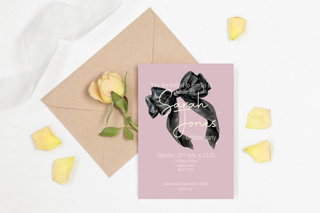 Bows Birthday Party Invitations & Envelopes | Pack of 10 | Pink & Black - Larosier Prints