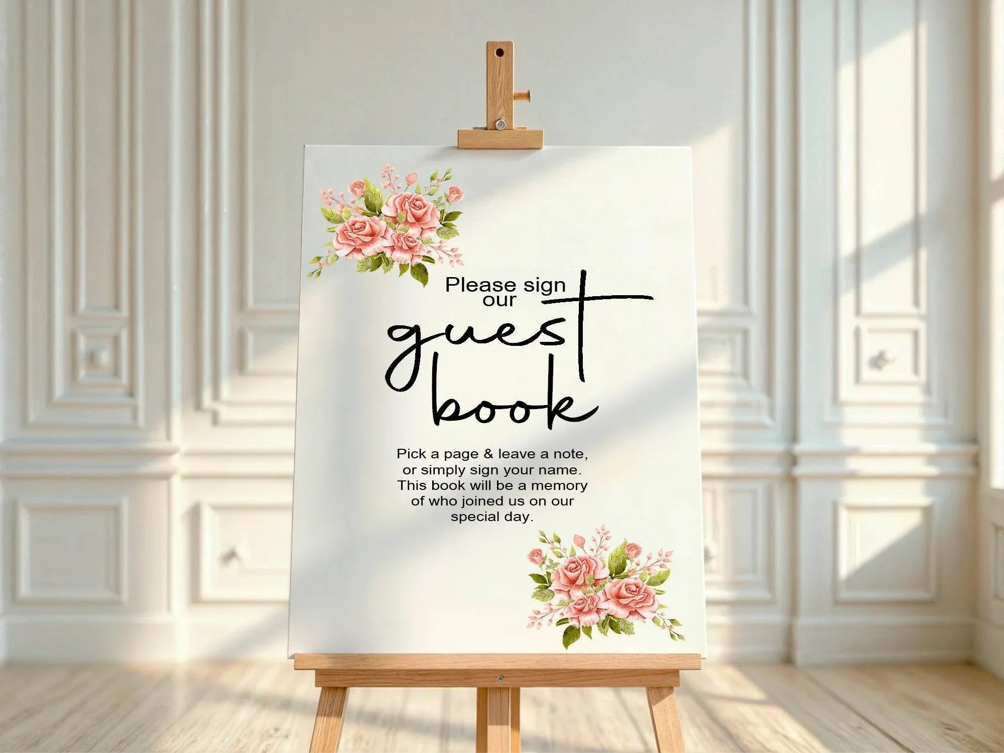Pink Rose Guest Book Wedding Party Sign - Larosier Prints