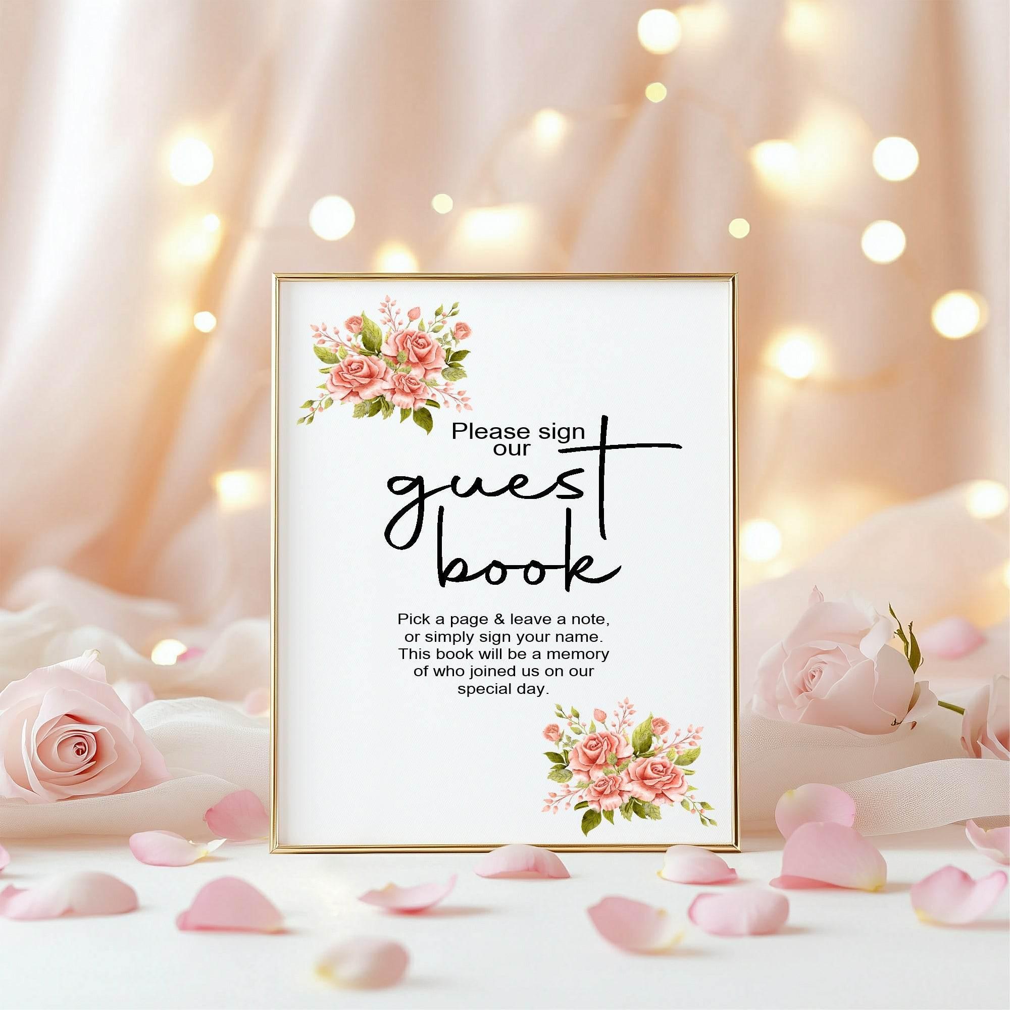 Pink Rose Guest Book Wedding Party Sign - Larosier Prints