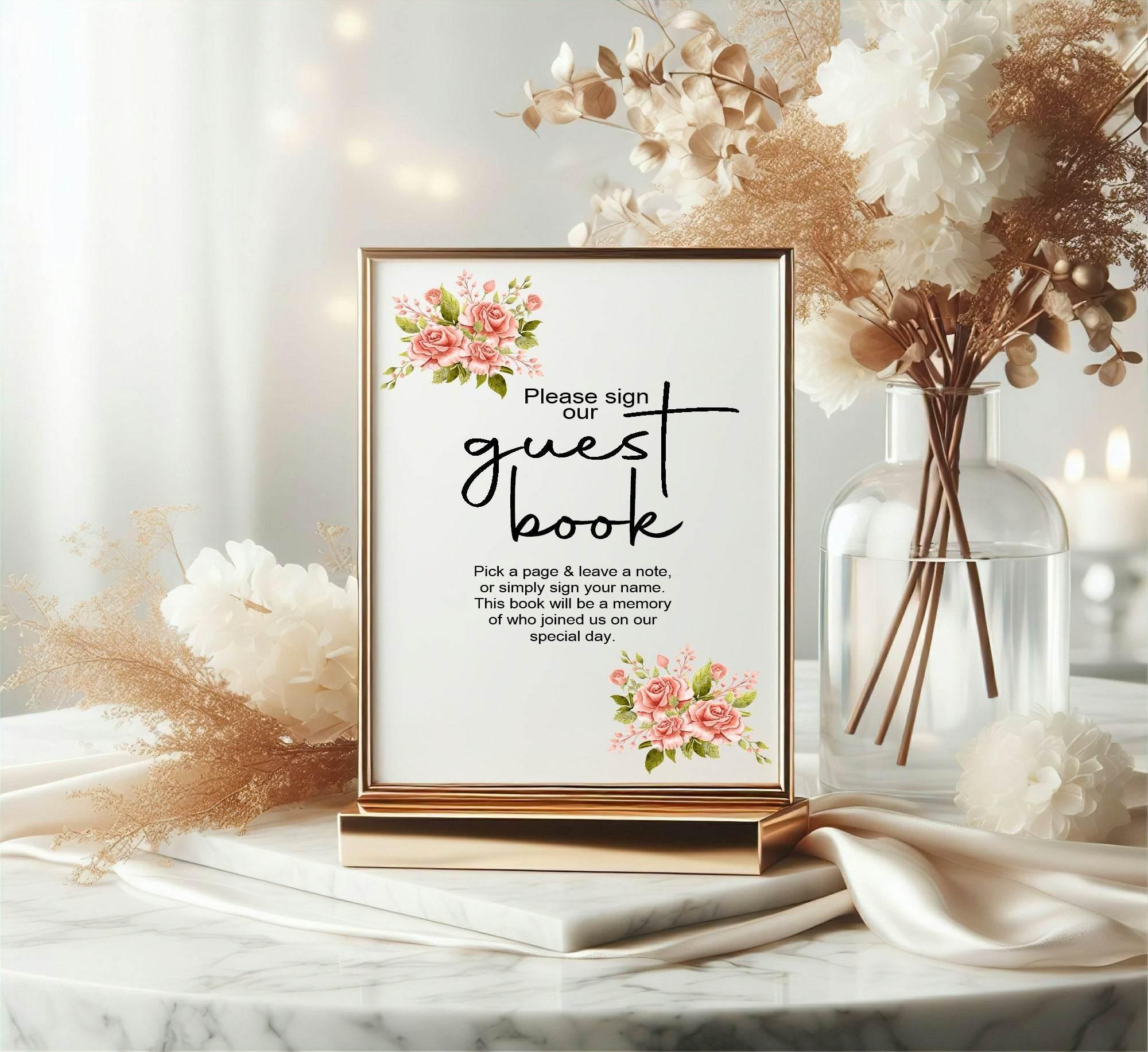 Pink Rose Guest Book Wedding Party Sign - Larosier Prints