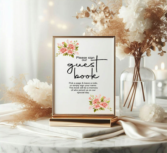 Pink Rose Guest Book Wedding Party Sign