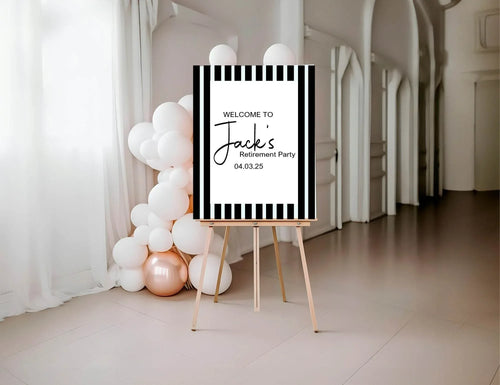 Black & White Stripe Welcome Retirement Party Sign - Larosier Prints