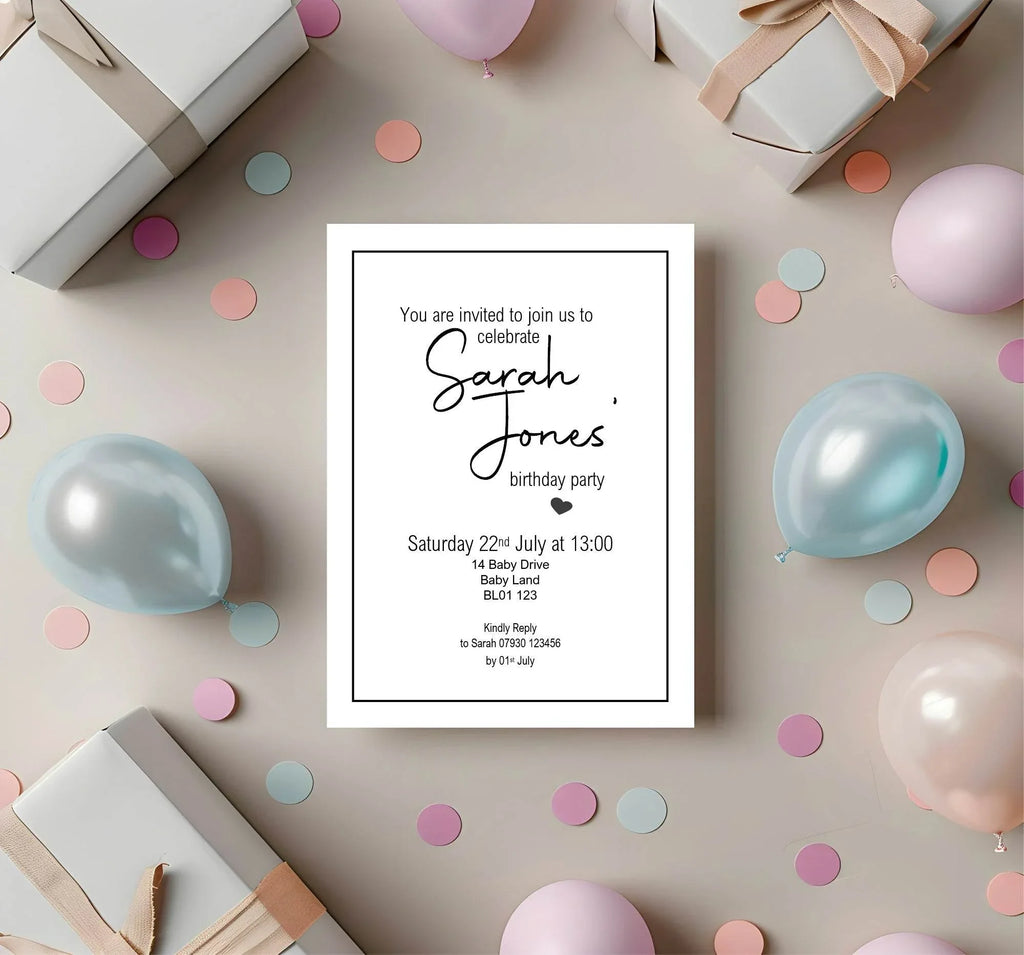Minimalist Birthday Party Invitations & Envelopes | Pack of 10 - Larosier Prints