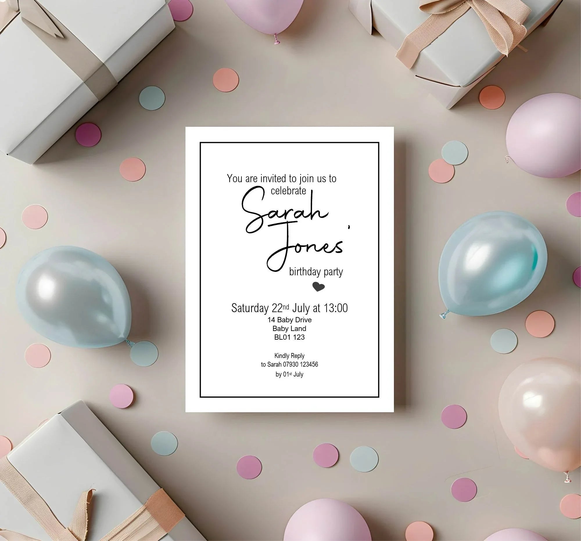 Minimalist Birthday Party Invitations & Envelopes | Pack of 10 - Larosier Prints