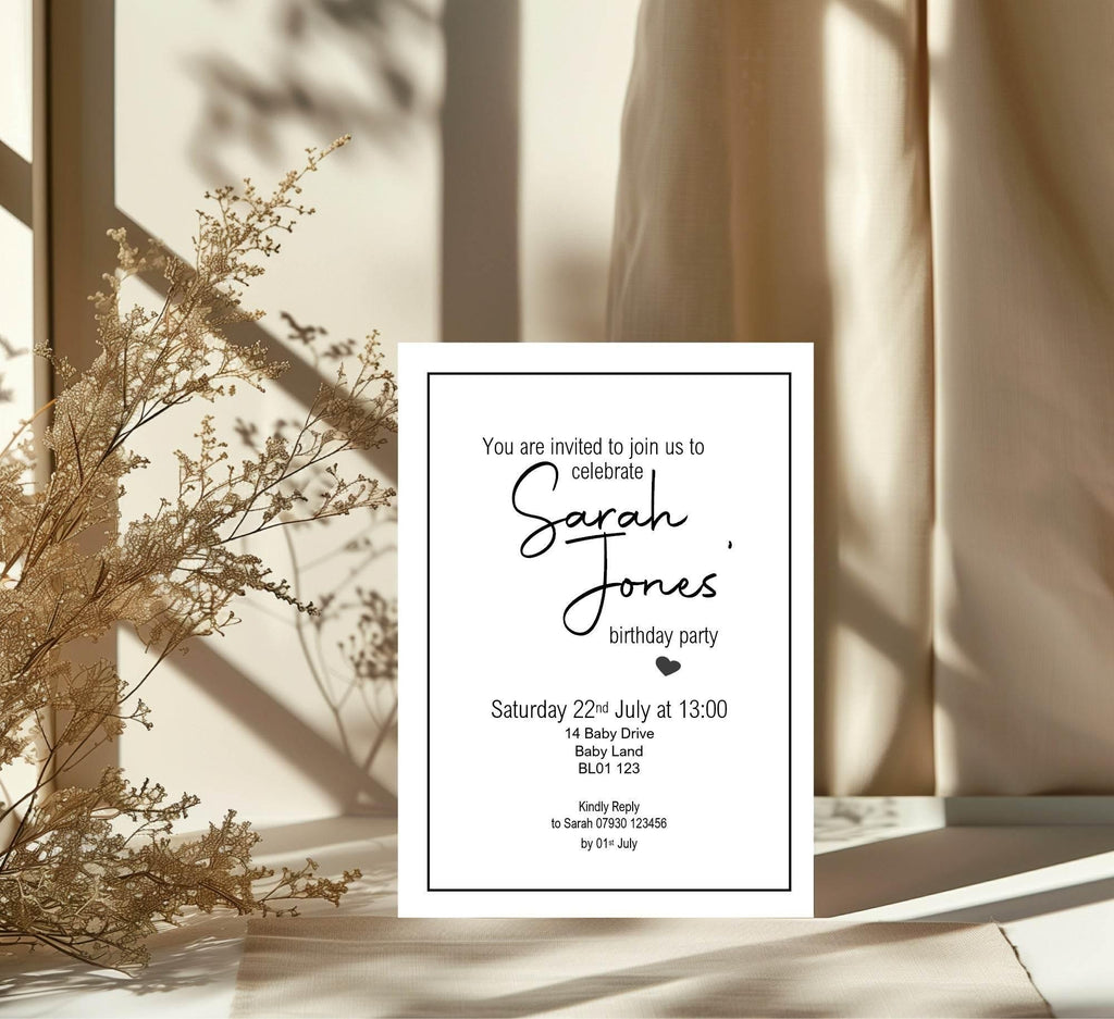 Minimalist Birthday Party Invitations & Envelopes | Pack of 10 - Larosier Prints