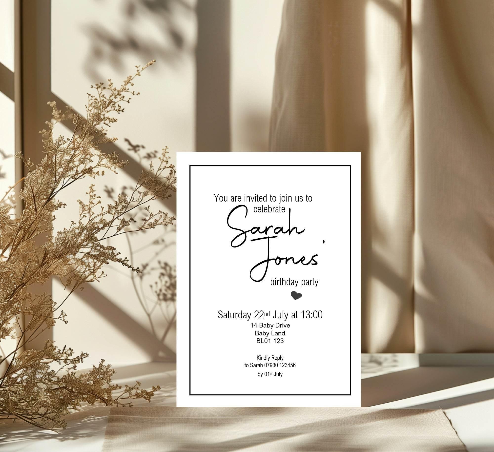 Minimalist Birthday Party Invitations & Envelopes | Pack of 10 - Larosier Prints