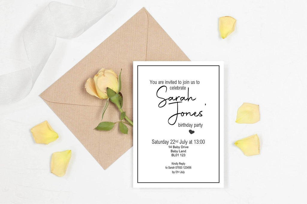 Minimalist Birthday Party Invitations & Envelopes | Pack of 10 - Larosier Prints