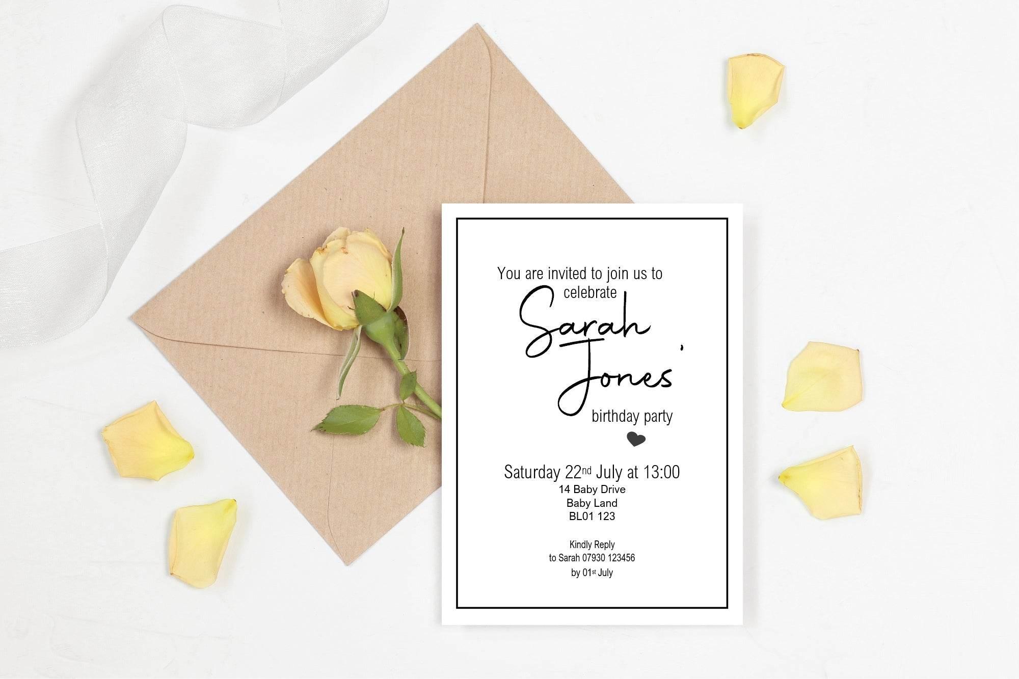 Minimalist Birthday Party Invitations & Envelopes | Pack of 10 - Larosier Prints