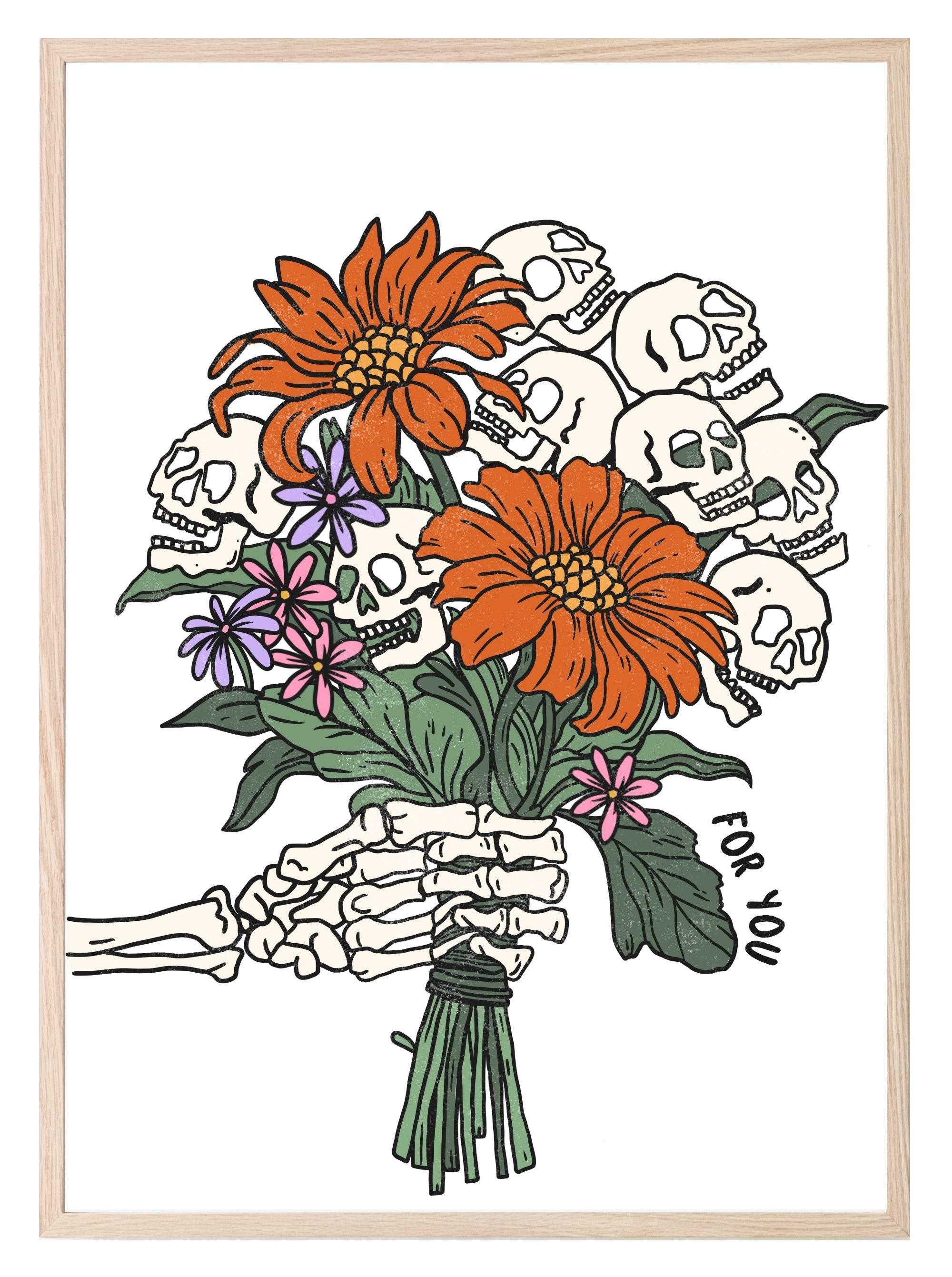 Skeleton Flowers Print | Spooky Halloween Wall Art - Larosier Prints
