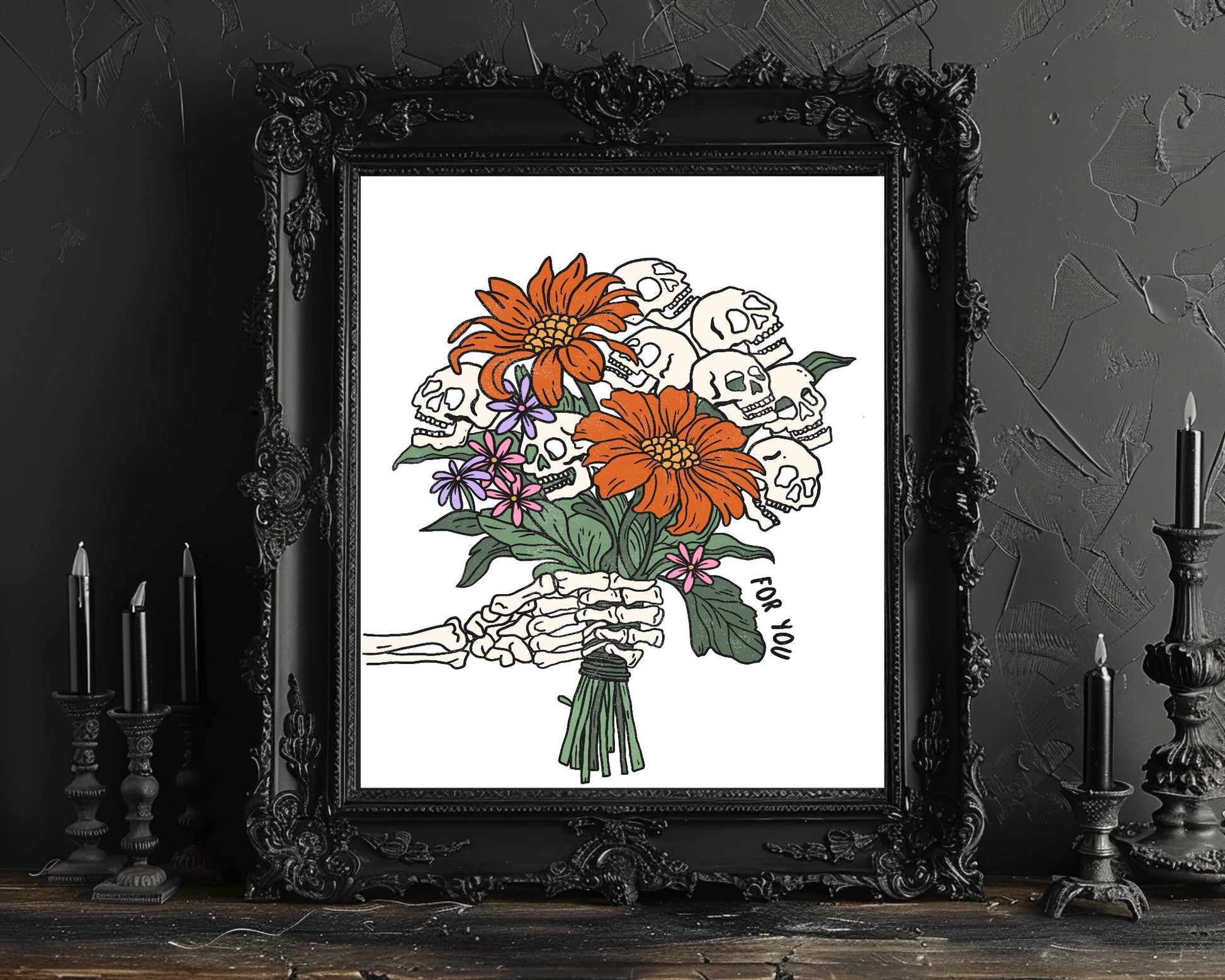 Skeleton Flowers Print | Spooky Halloween Wall Art