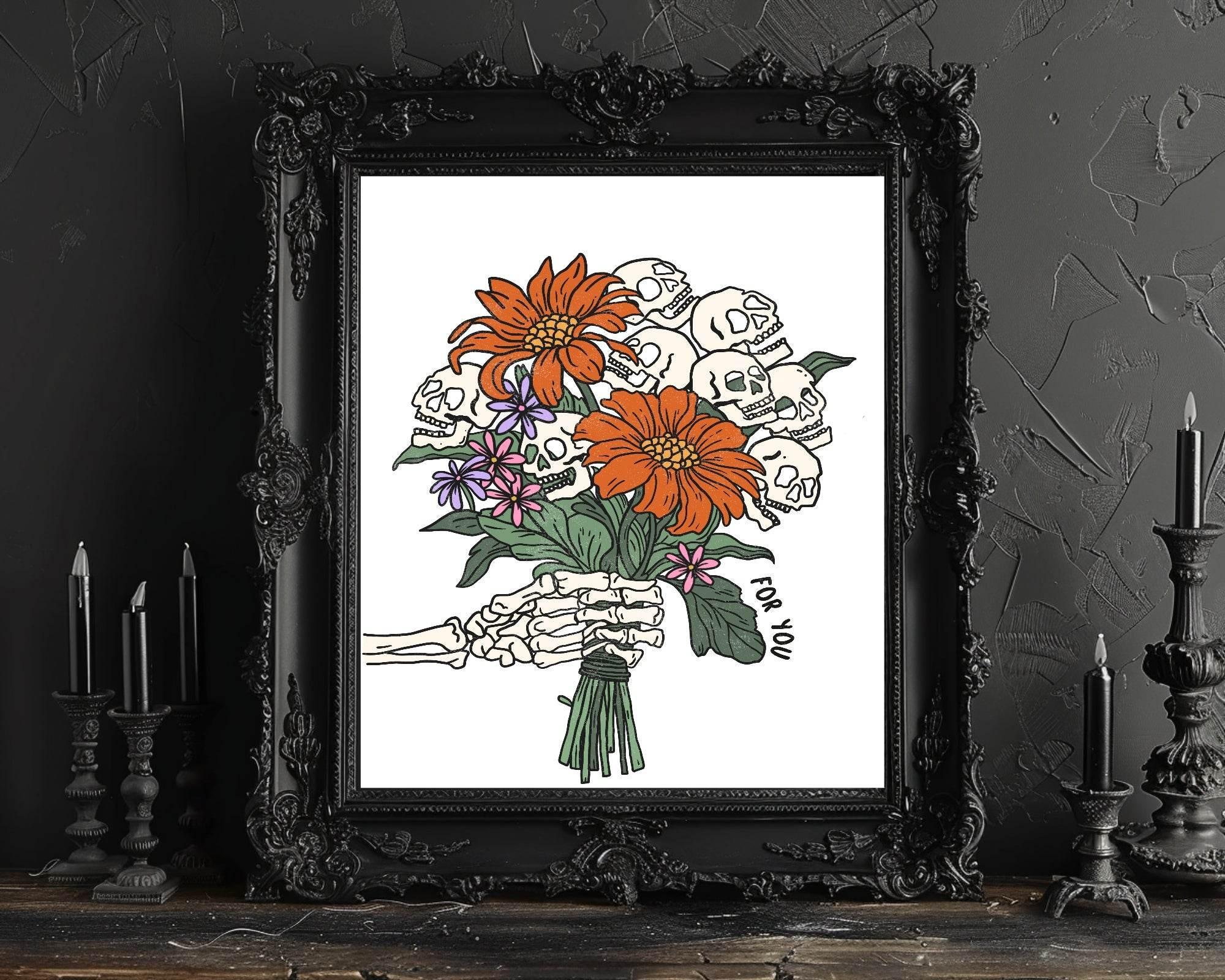 Skeleton Flowers Print | Spooky Halloween Wall Art - Larosier Prints