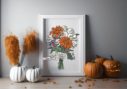 Skeleton Flowers Print | Spooky Halloween Wall Art