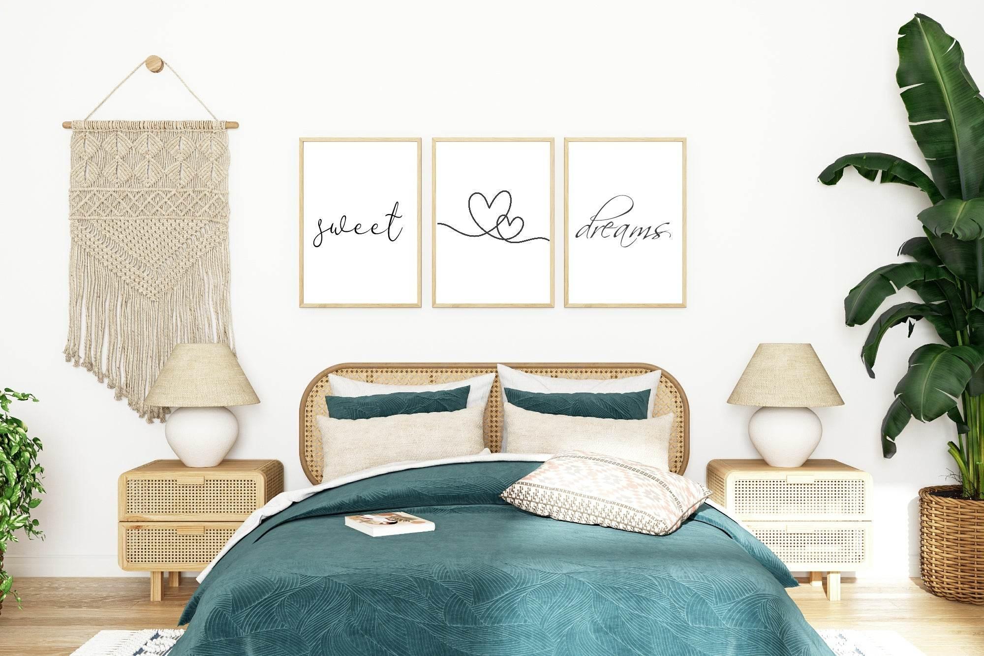 Set Of 3 Sweet Dreams Prints | Over the Bed | Bedroom Wall Art - Larosier Prints
