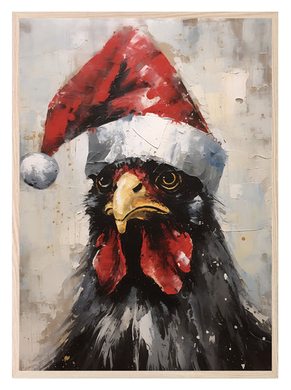 Chicken In Santa Hat Oil Painting Print | Christmas Wall Art