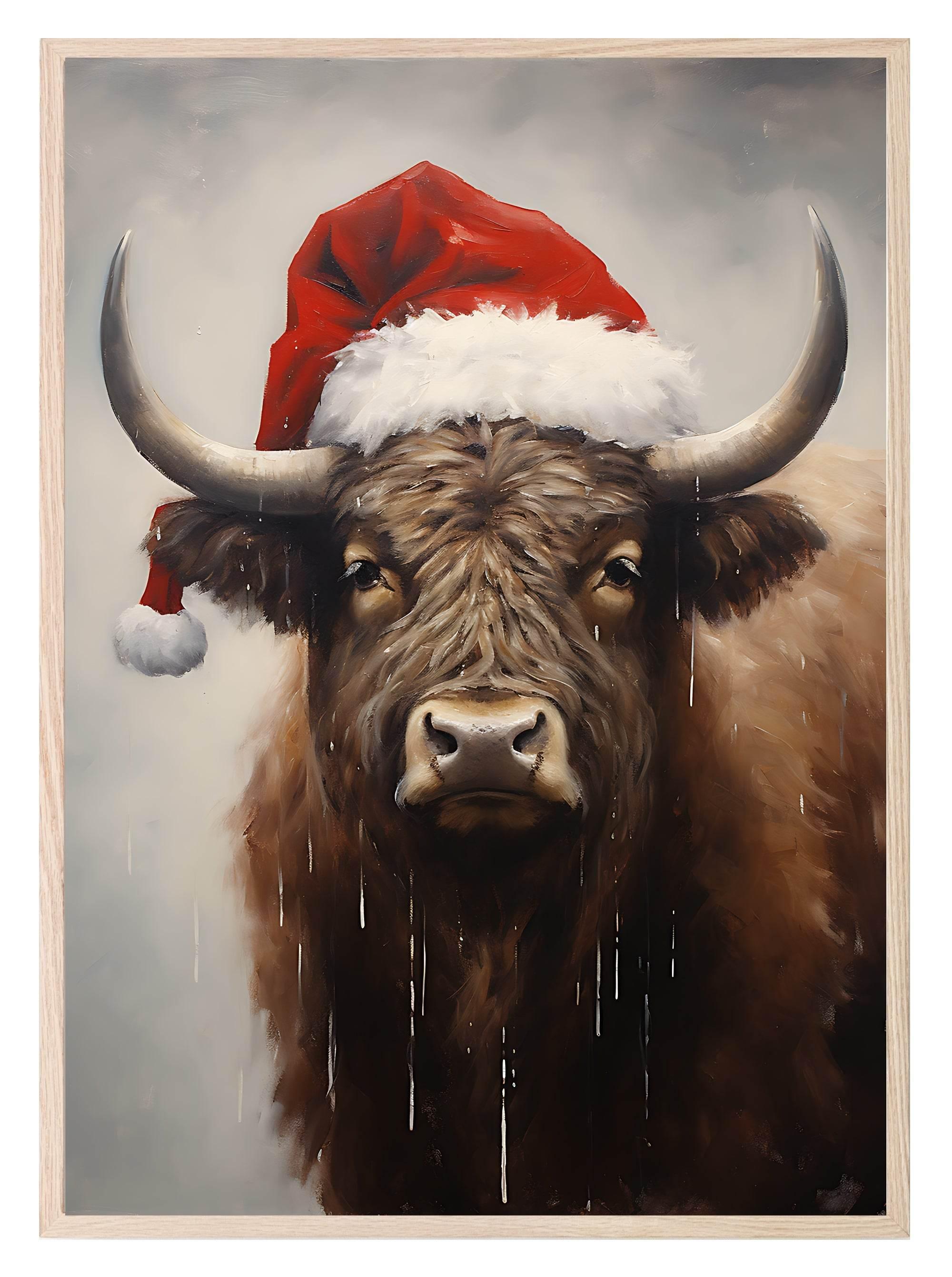 Buffalo In Santa Hat Oil Painting Print | Christmas Wall Art - Larosier Prints