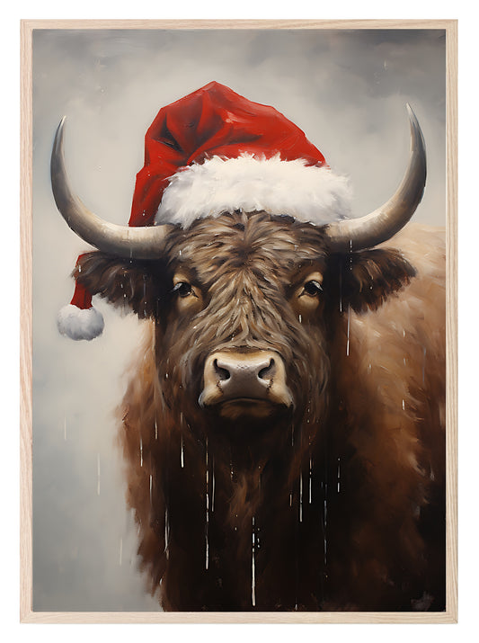 Buffalo In Santa Hat Oil Painting Print | Christmas Wall Art