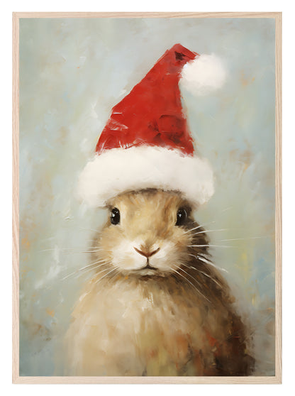 Bunny In Santa Hat Oil Painting Print | Christmas Wall Art