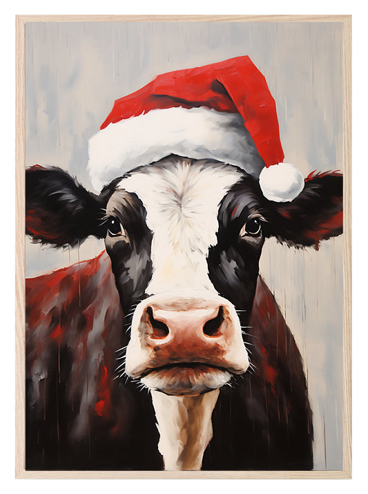 Cow In Santa Hat Oil Painting Print | Christmas Wall Art