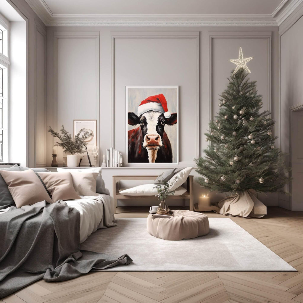 Cow In Santa Hat Oil Painting Print | Christmas Wall Art - Larosier Prints