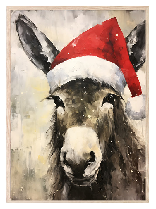 Donkey In Santa Hat Oil Painting Print | Christmas Wall Art