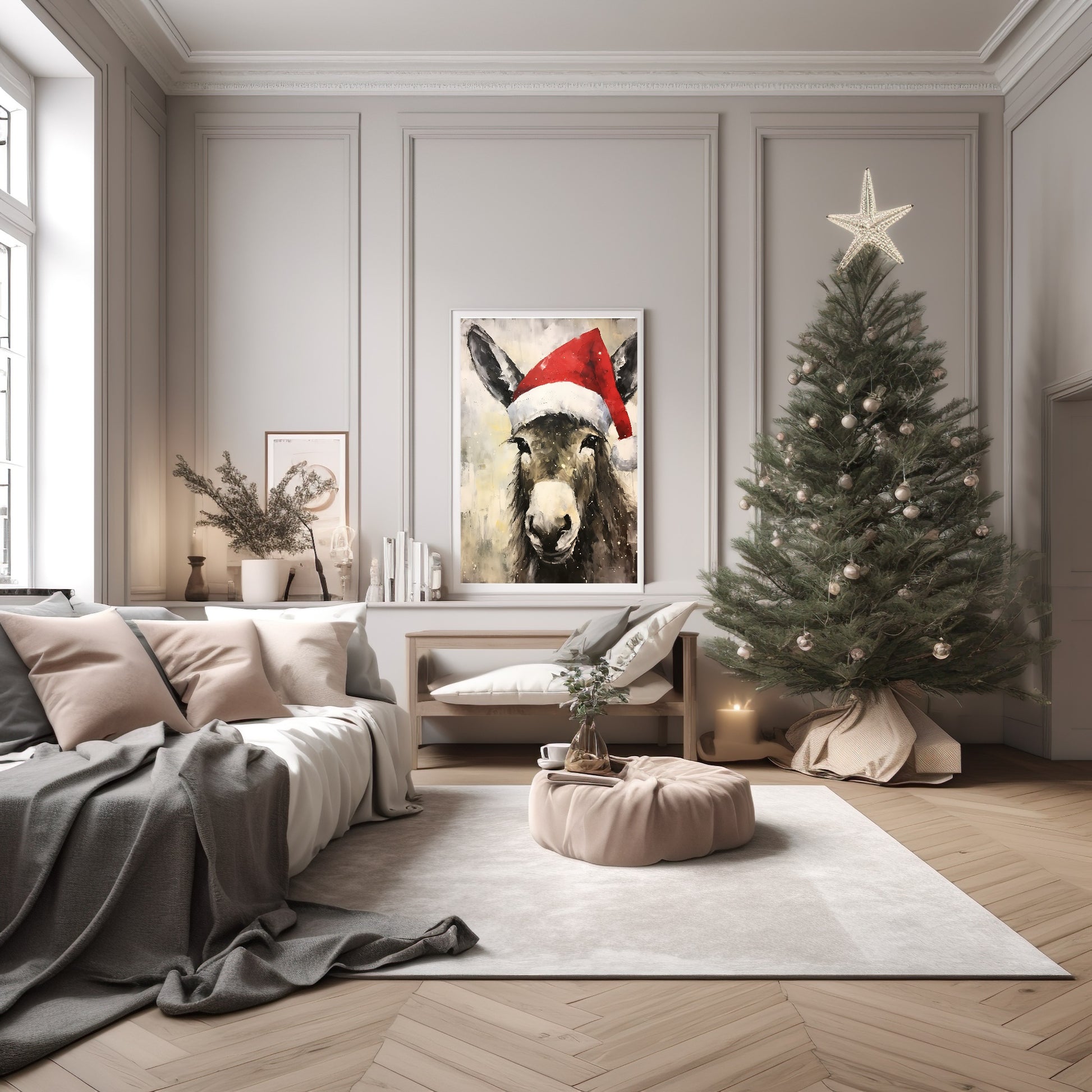 Donkey In Santa Hat Oil Painting Print | Christmas Wall Art