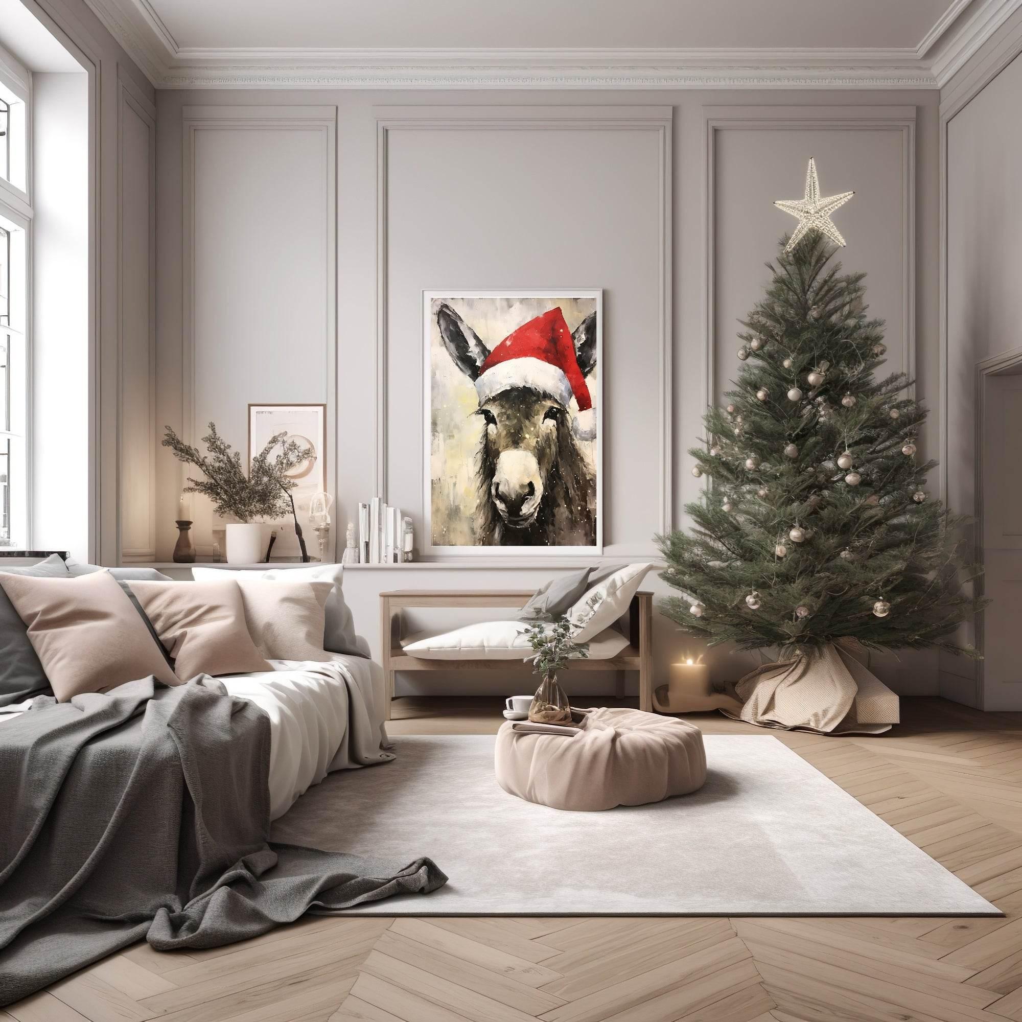 Donkey In Santa Hat Oil Painting Print | Christmas Wall Art - Larosier Prints