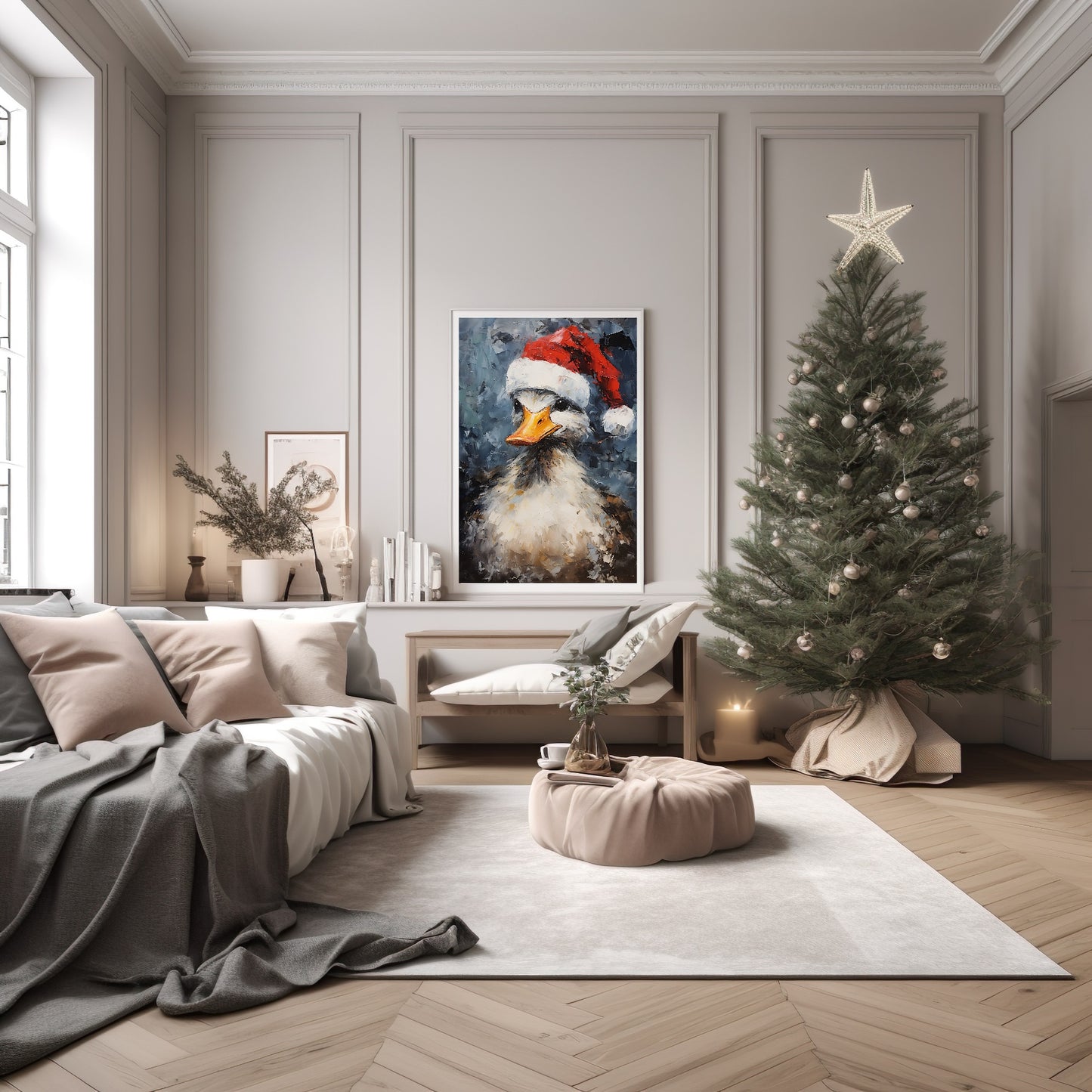 Duck In Santa Hat Oil Painting Print | Christmas Wall Art