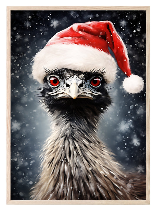 Emu In Santa Hat Oil Painting Print | Christmas Wall Art