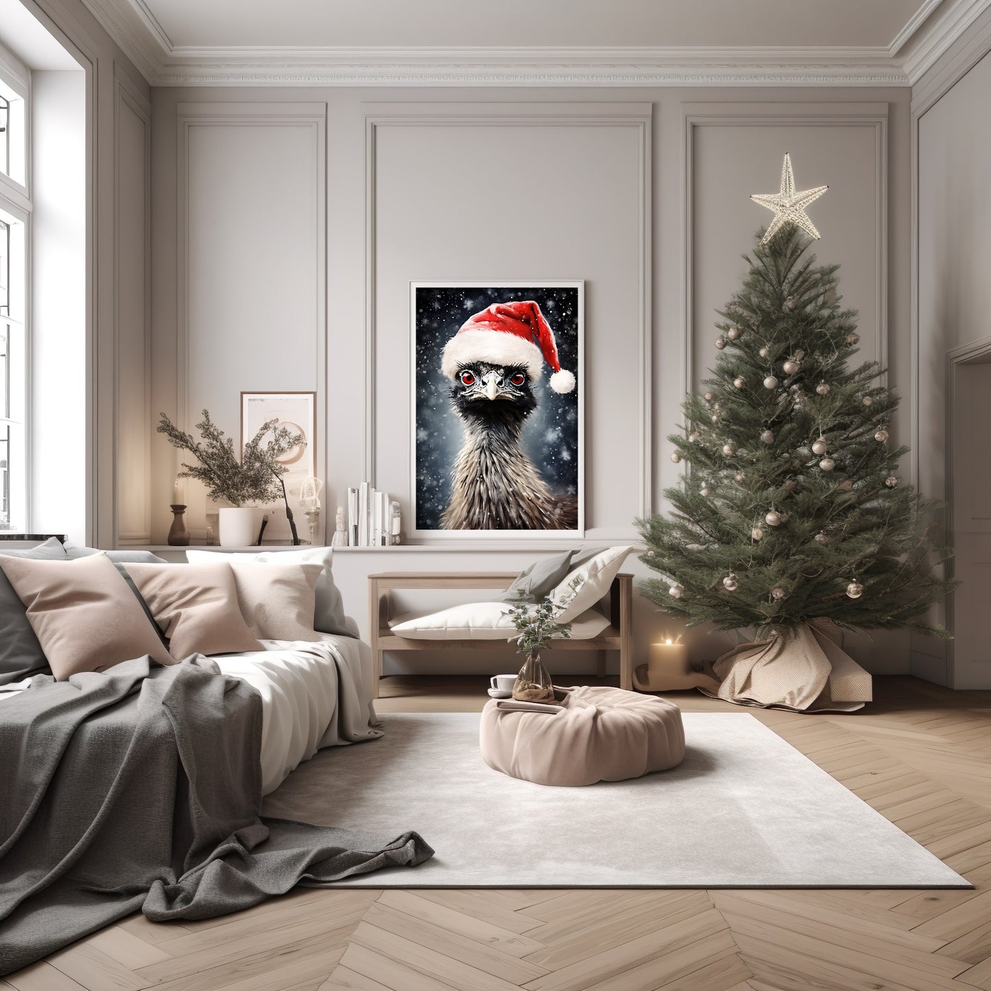 Emu In Santa Hat Oil Painting Print | Christmas Wall Art