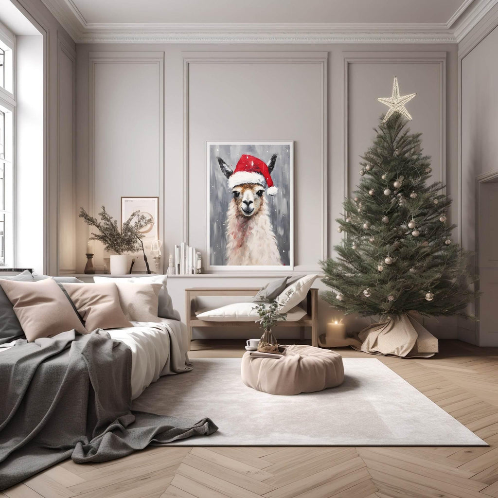 Llama In Santa Hat Oil Painting Print | Christmas Wall Art - Larosier Prints