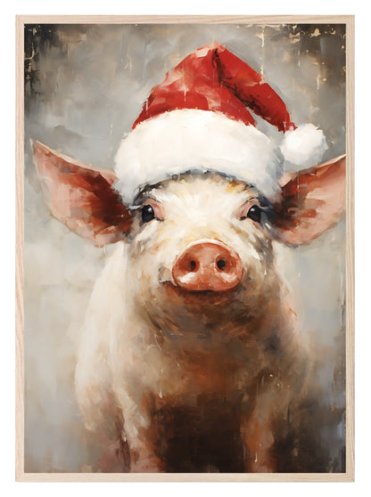 Piglet In Santa Hat Oil Painting Print | Christmas Wall Art