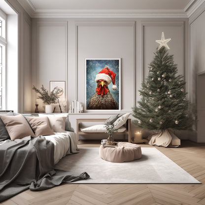 Turkey In Santa Hat Oil Painting Print | Christmas Wall Art