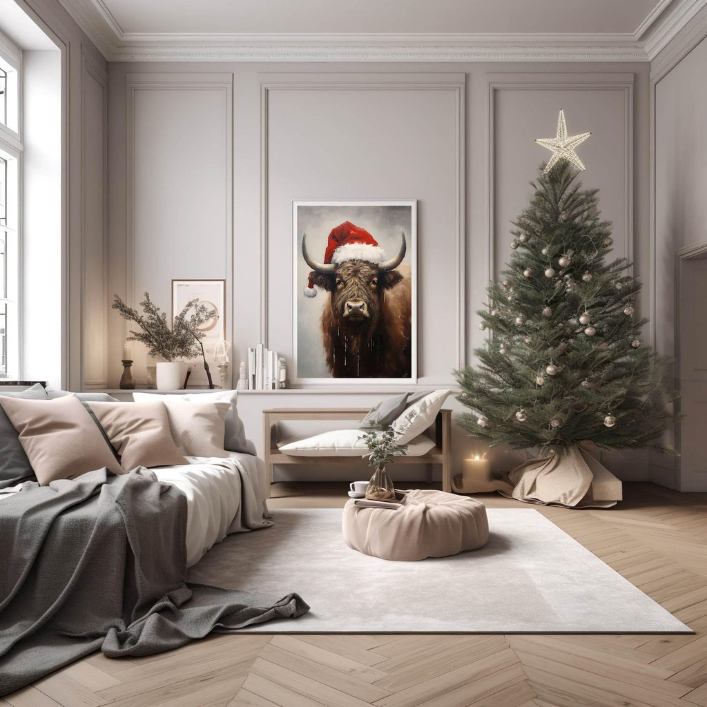 Buffalo In Santa Hat Oil Painting Print | Christmas Wall Art - Larosier Prints