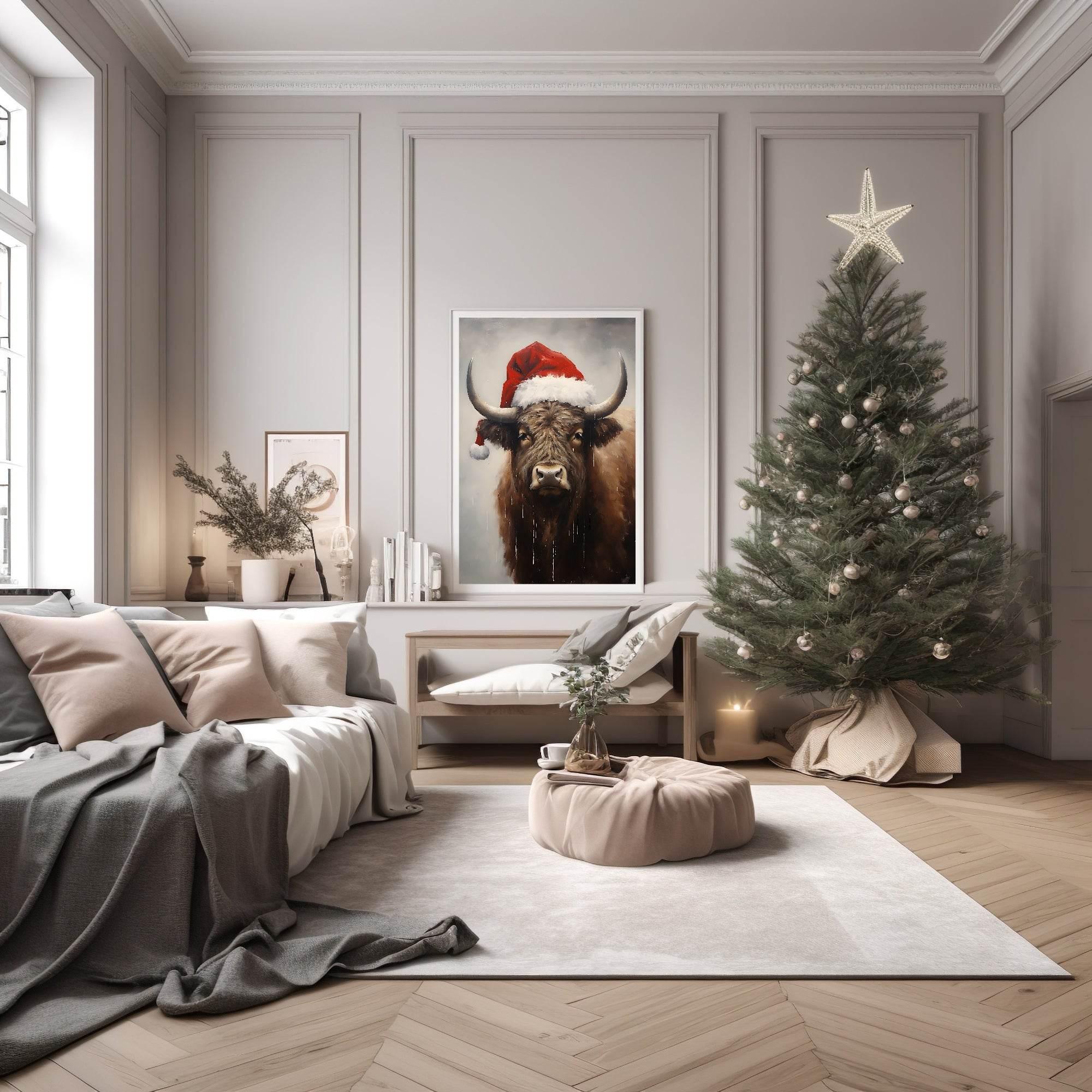 Buffalo In Santa Hat Oil Painting Print | Christmas Wall Art - Larosier Prints
