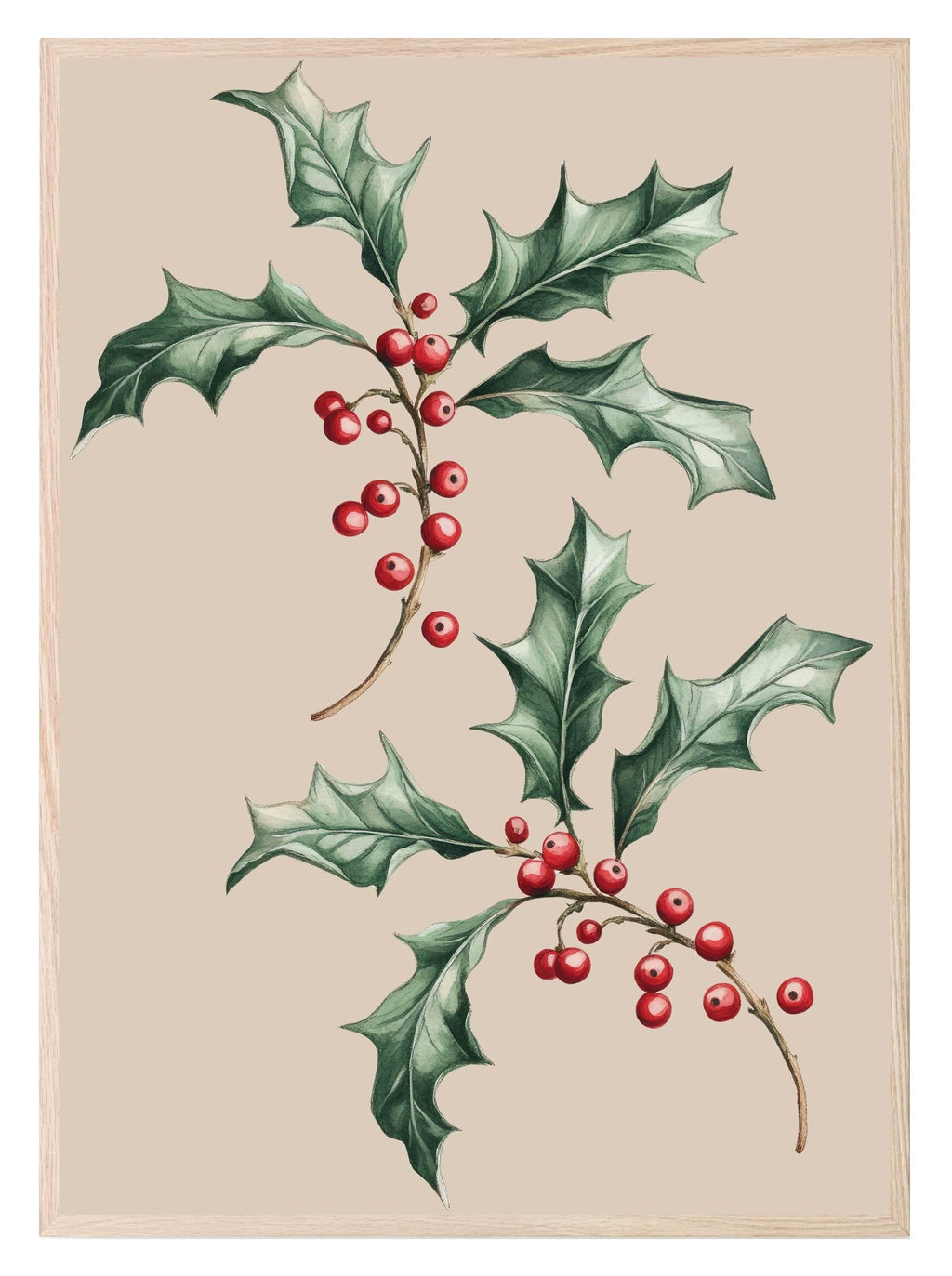 Holly Print | Christmas Wall Art | Beige - Larosier Prints