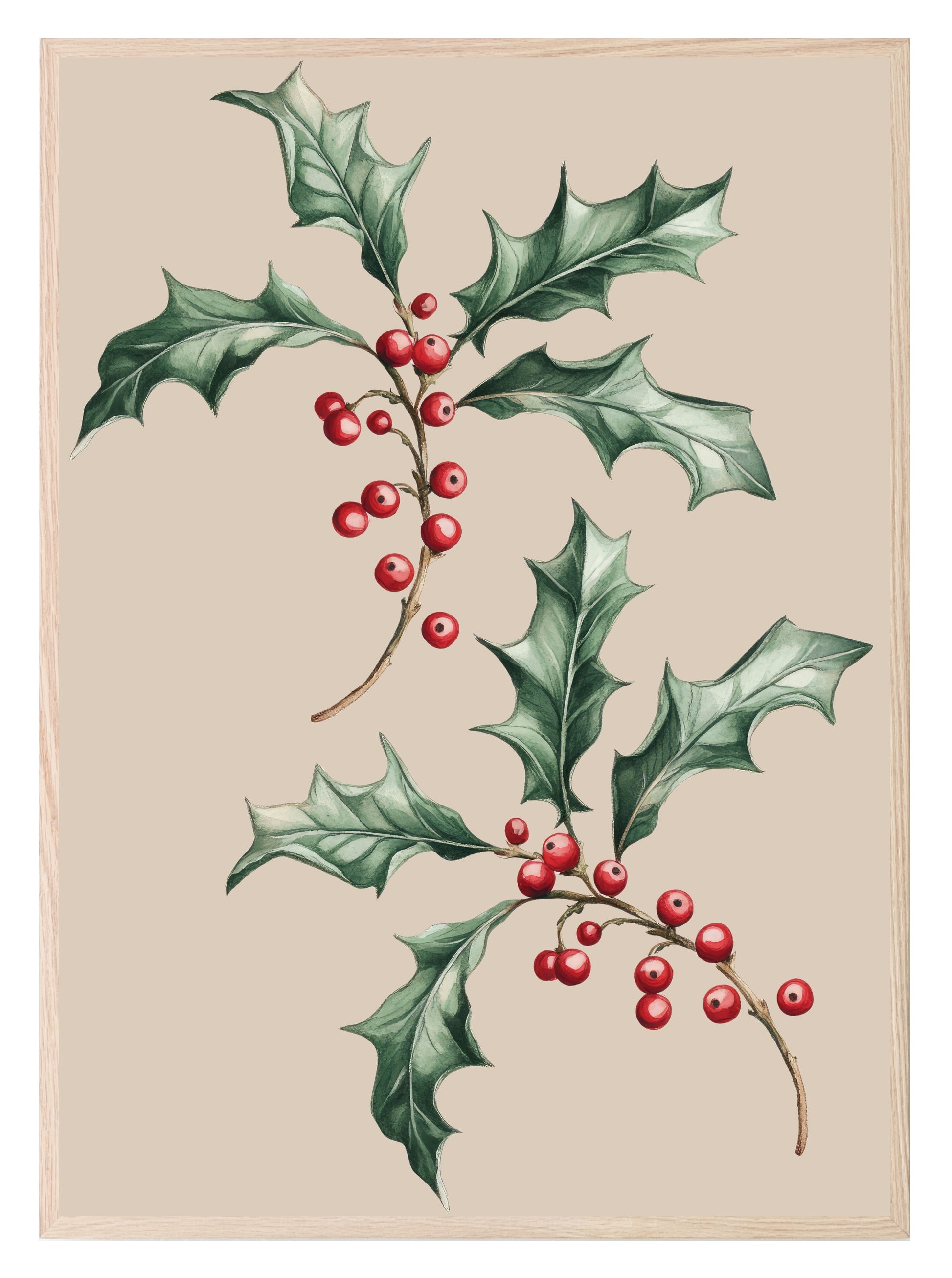 Holly Print | Christmas Wall Art | Beige