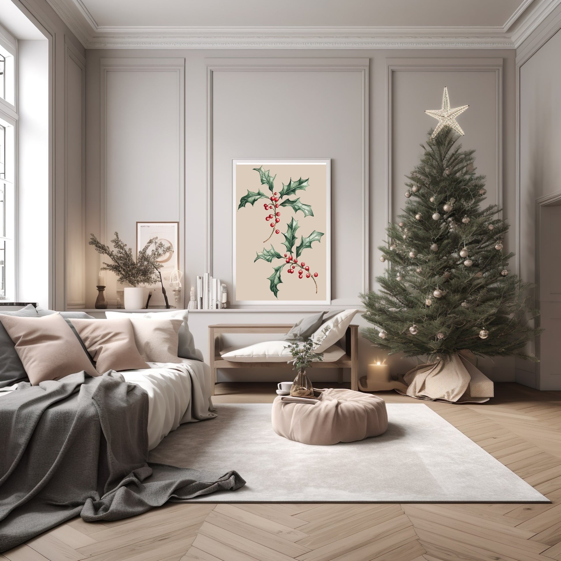 Holly Print | Christmas Wall Art | Beige