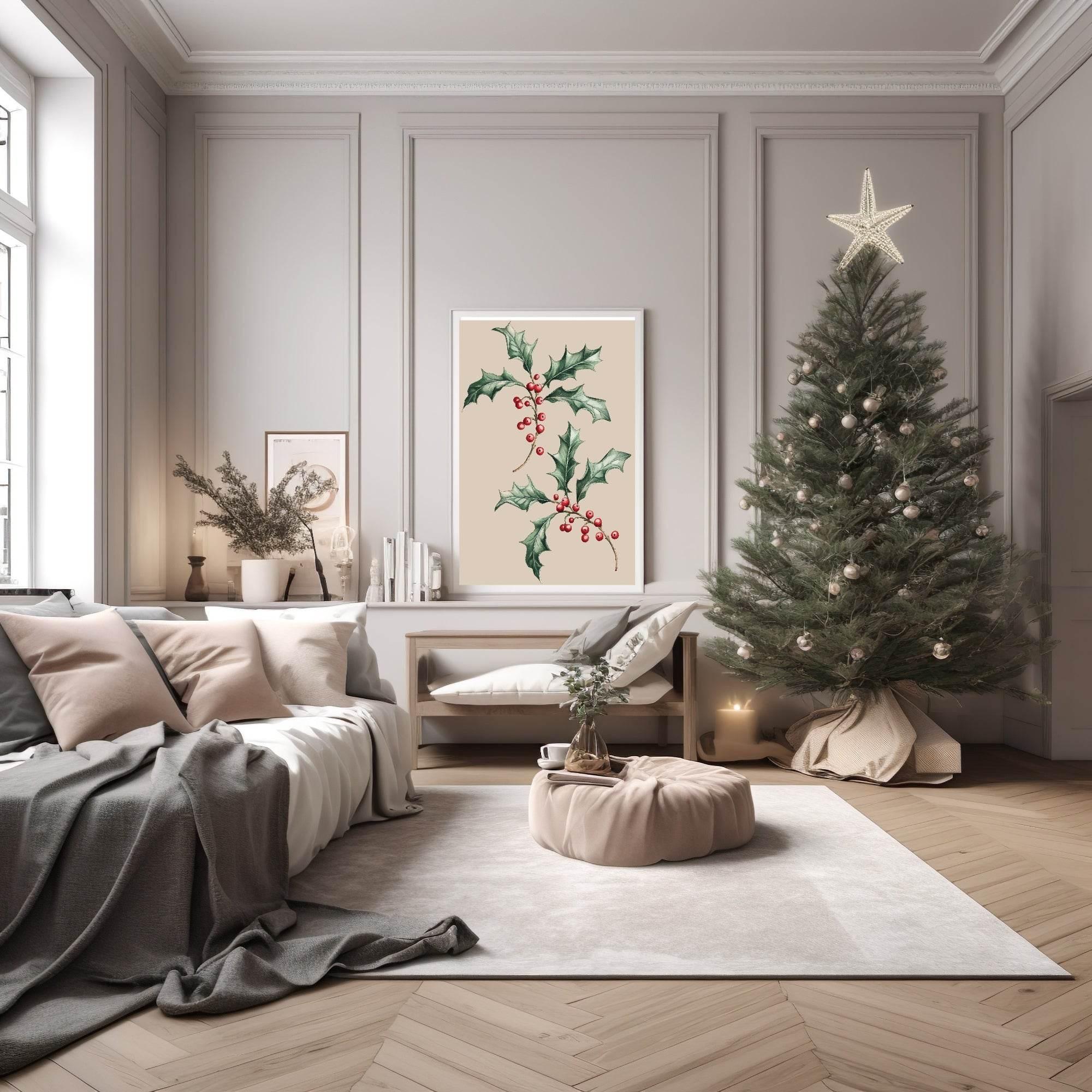 Holly Print | Christmas Wall Art | Beige - Larosier Prints