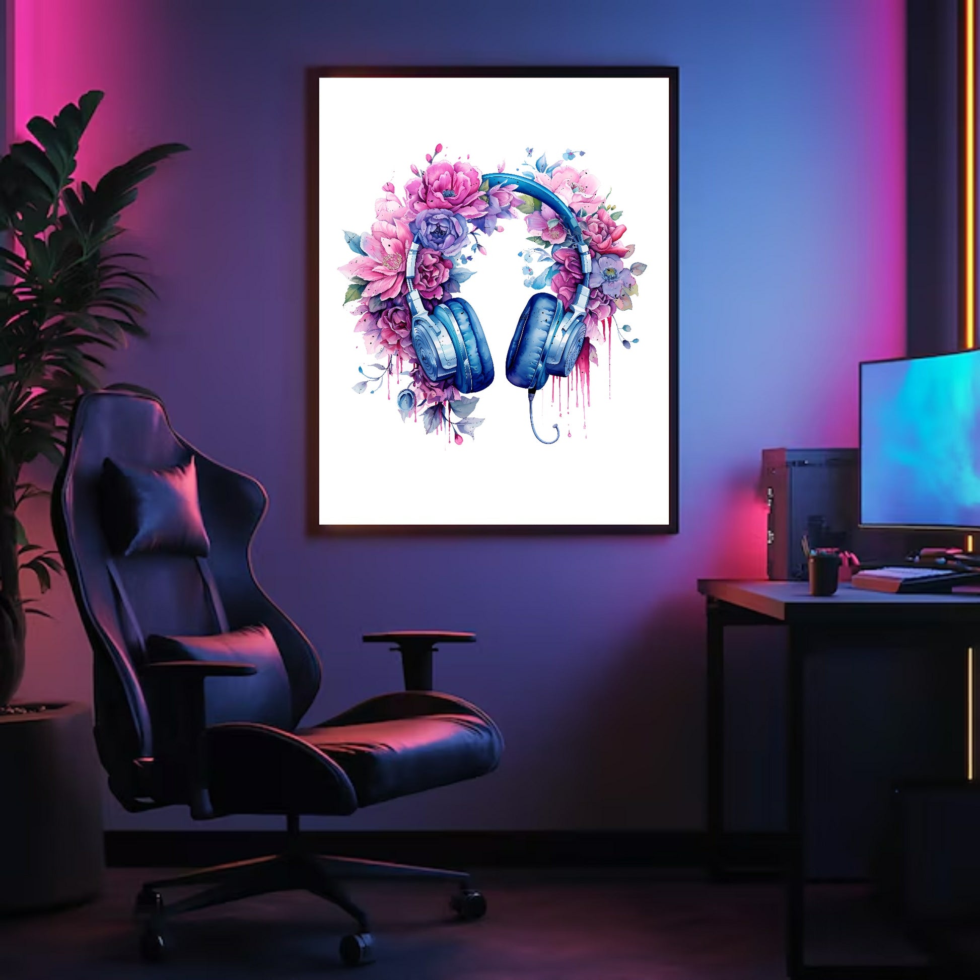 Floral Gaming Headphones Print | Teenage Gamer Wall Art