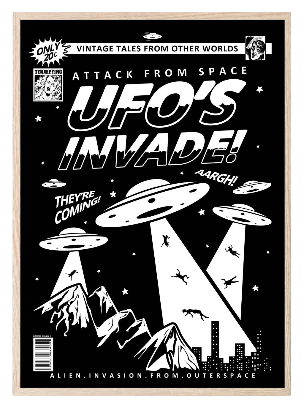 UFO's Invade Print | Alien Invasion From Outer Space | Black & White | Vintage Wall Art - Larosier Prints