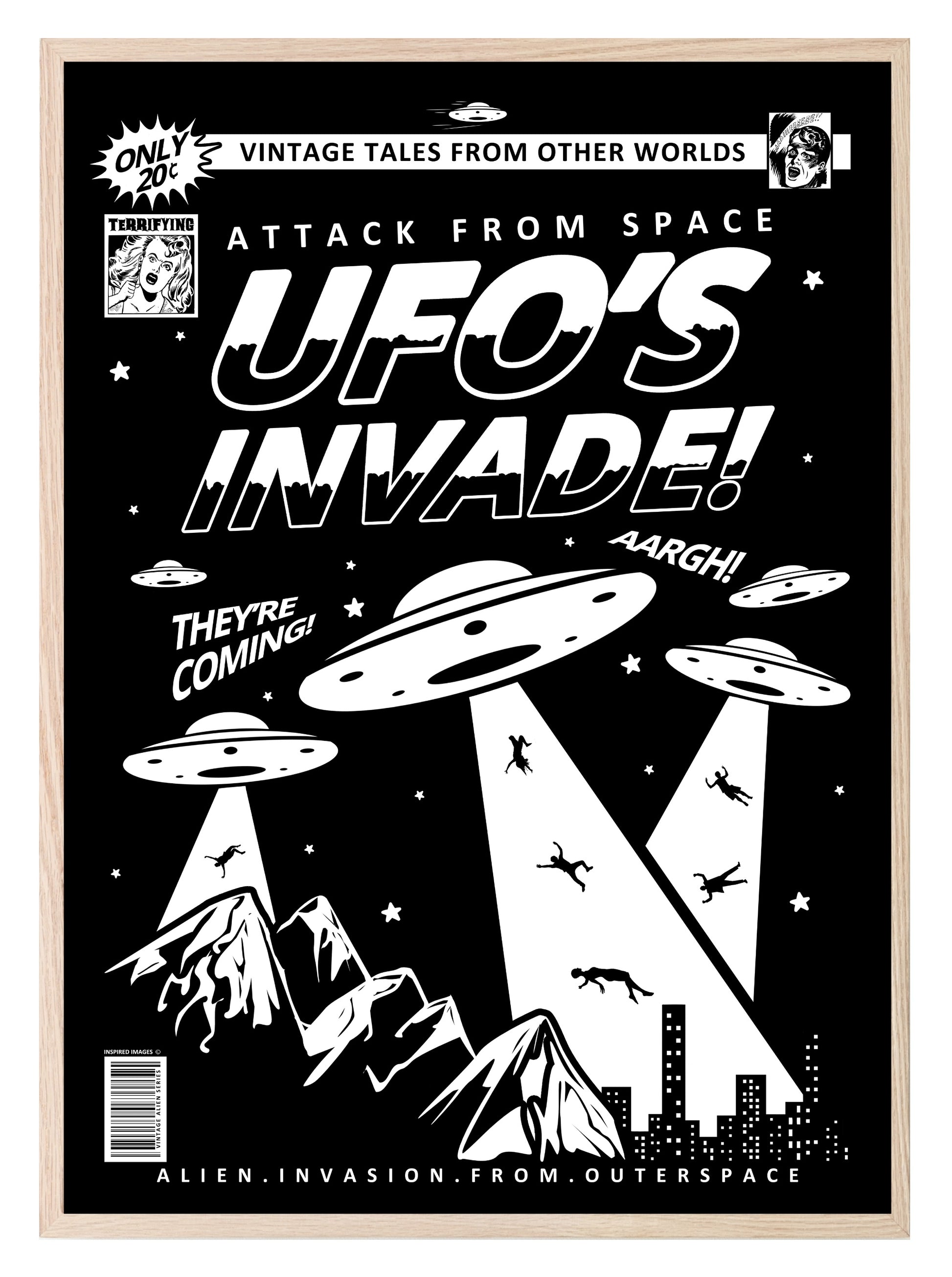 UFO's Invade Print | Alien Invasion From Outer Space | Black & White | Vintage Wall Art