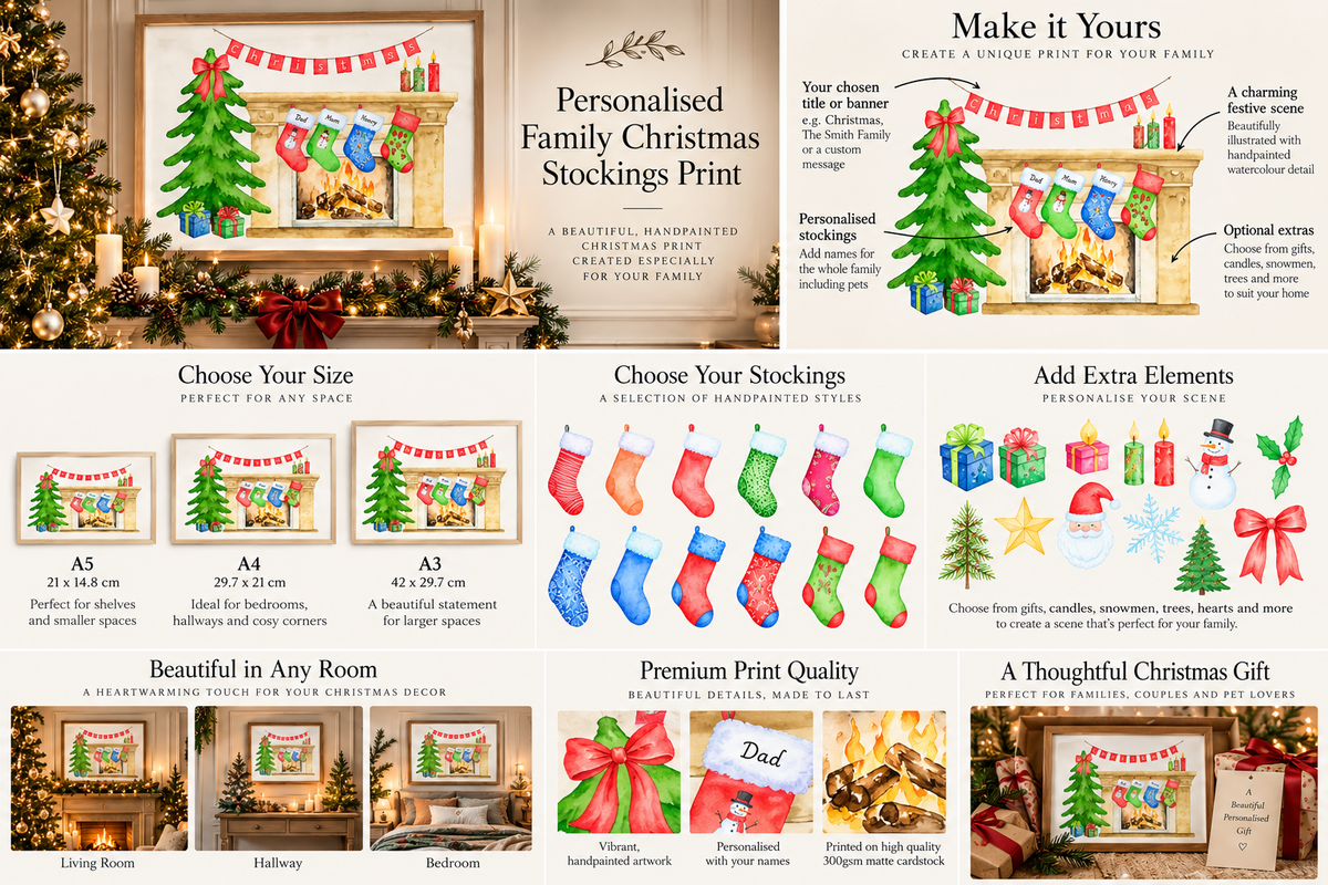 Personalised Family Christmas Stockings Print | Custom Christmas Wall Art